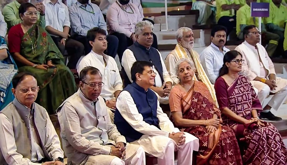 The inaugural event saw many political leaders in attendance. In this photo,  Union Ministers Nirmala Sitharaman, Piyush Goyal, Jyotiraditya Scindia, Bhupender Yadav and others are seen attending the inauguration ceremony. Credit: PTI Photo