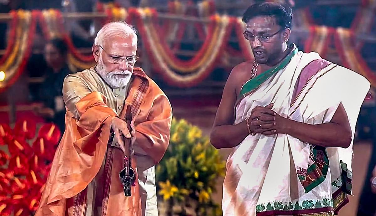 Amid Vedic chants by priests, PM Modi offered prayers during the inauguration. Credit: PTI Photo