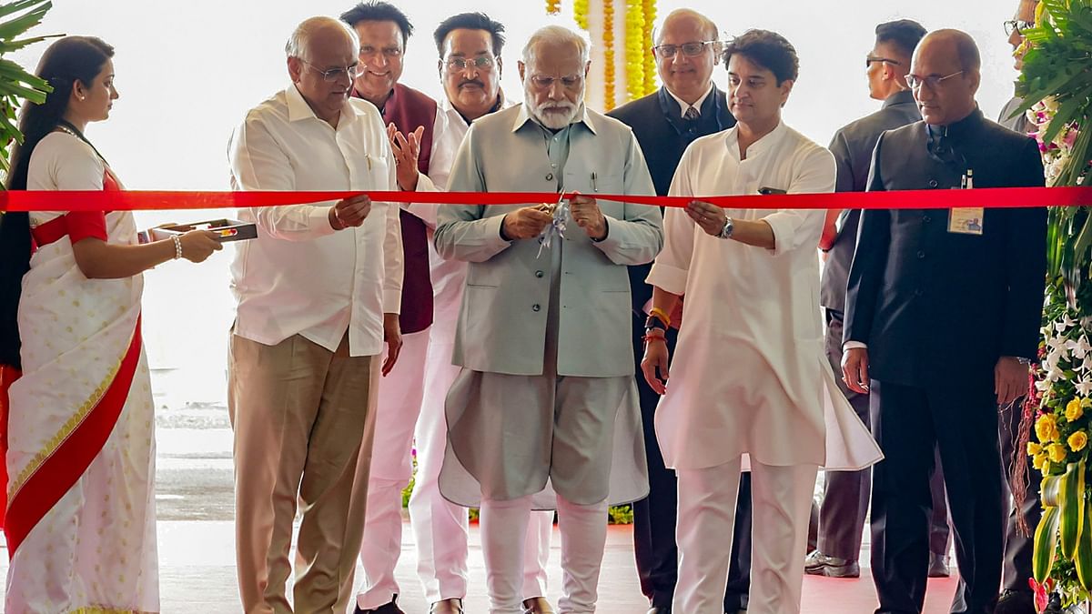 Prime Minister Narendra Modi inaugurated an international airport near Rajkot city in Gujarat on July 27. Credit: PTI Photo