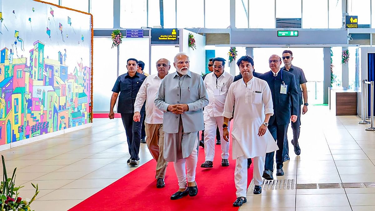 The event also saw Gujarat Chief Minister Bhupendra Patel and Minister of Civil Aviation of India Jyotiraditya Scindia in attendance. Credit: PTI Photo