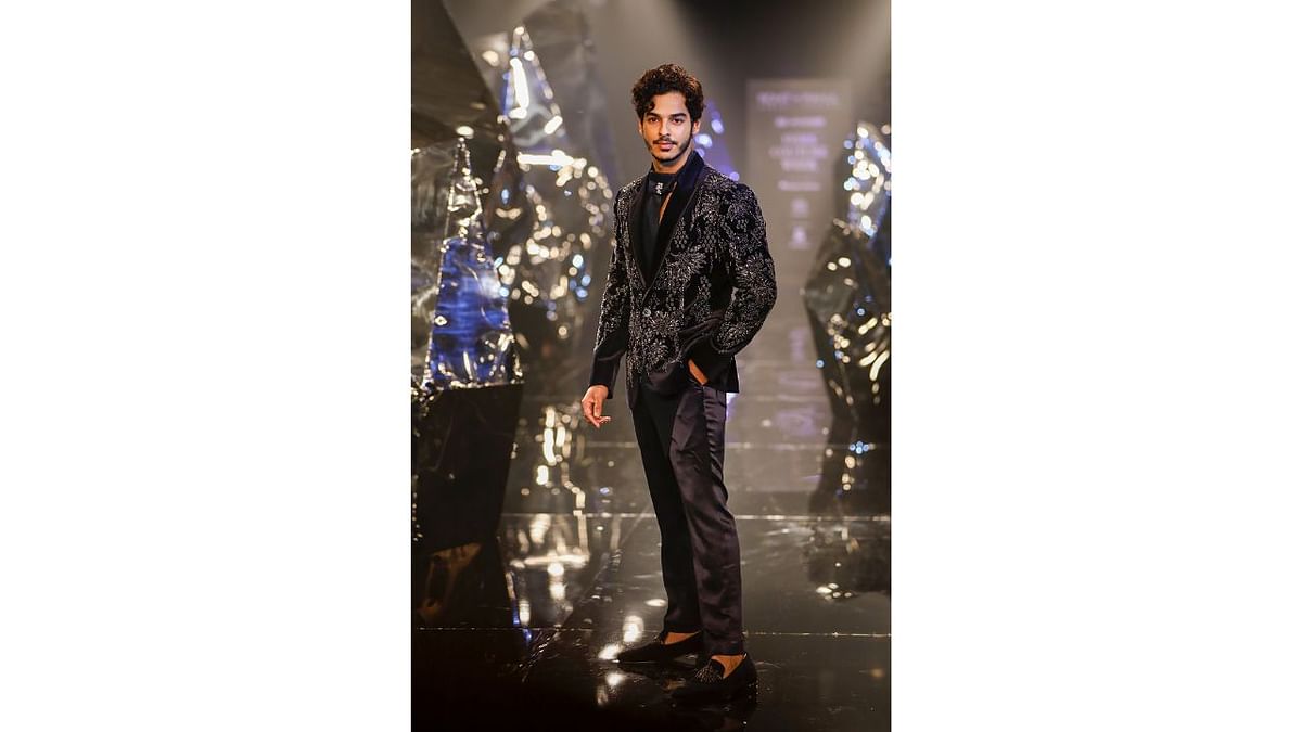 'Khaali Peeli' star Ishaan Khatter was also the showstopper for designer duo Rohit Gandhi and Rahul Khanna (RGRK) at the FDCI Hyundai India Couture Week, in New Delhi. Credit: PTI Photo