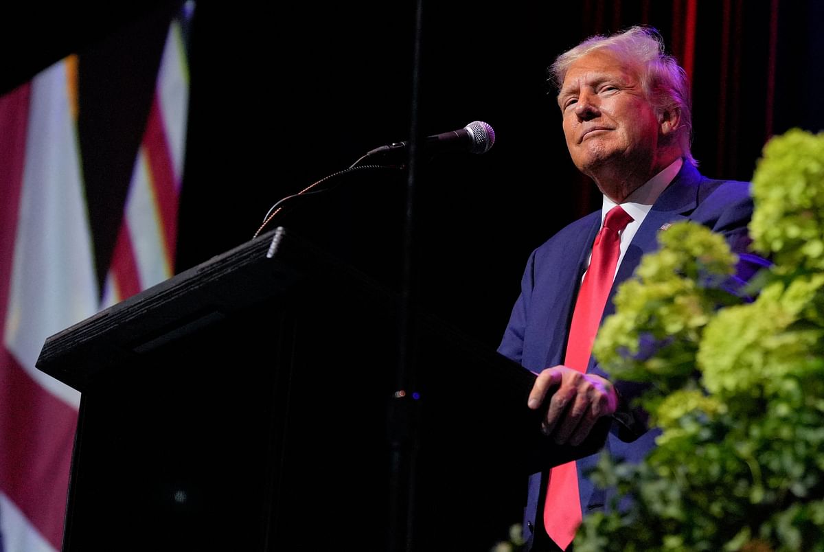 Former US President and Republican presidential candidate Donald Trump speaks during the ALGOP Summer Meeting in Montgomery, Alabama. Credit: Reuters Photo