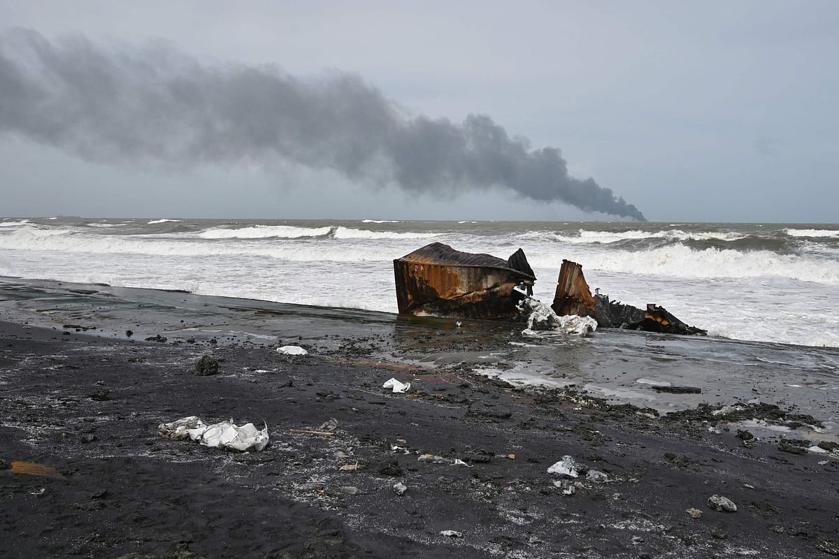 The remains of a burnt container washed ashore from the Singapore-registered container ship MV X-Press Pearl. Credit: AFP Photo
