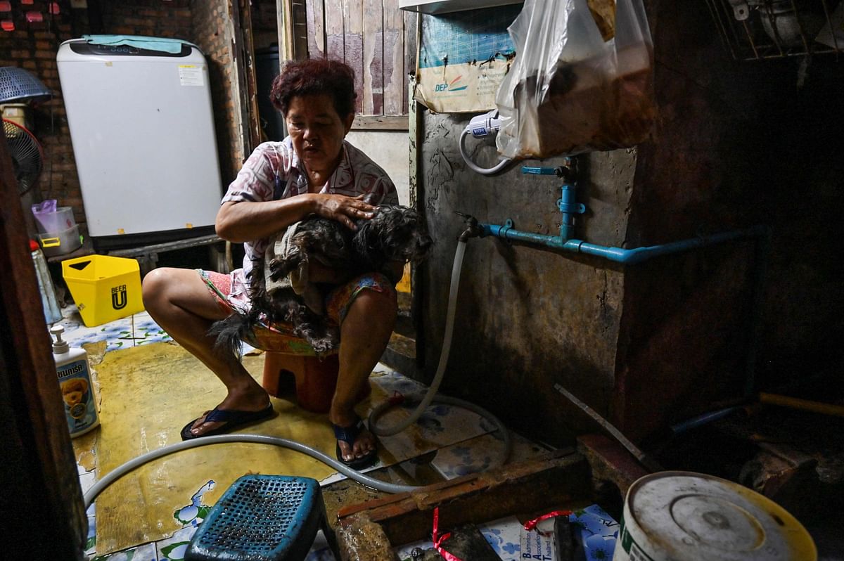 This photo taken on May 30, 2020 shows a woman bathing a pet dog in her home in Bangkok. Credit: AFP Photo.