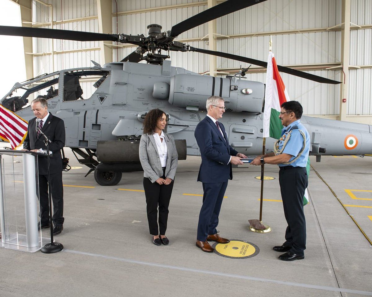 The first AH-64E (I) Apache Guardian helicopter was formally handed over to the IAF at Boeing production facility in Mesa, Arizona, USA, on May 10, 2019. Air Marshall AS Butola, represented the IAF and accepted the first Apache in a ceremony at the Boeing production facility. Credit: Twitter/@IAF_MCC