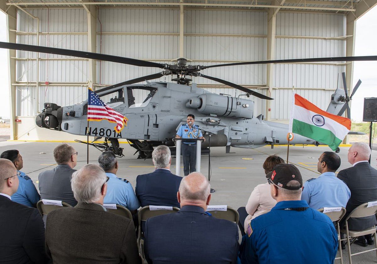 The first AH-64E (I) Apache Guardian helicopter was formally handed over to the IAF at Boeing production facility in Mesa, Arizona, USA, on May 10, 2019. Air Marshall AS Butola, represented the IAF and accepted the first Apache in a ceremony at the Boeing production facility. Credit: Twitter/@IAF_MCC