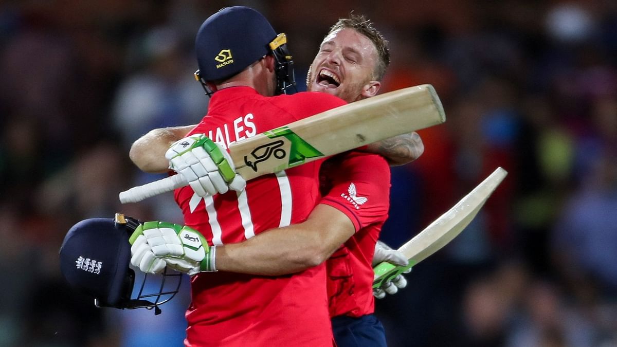 Jos Buttler and Alex Hales celebrate after winning the match. Credit: Reuters Photo