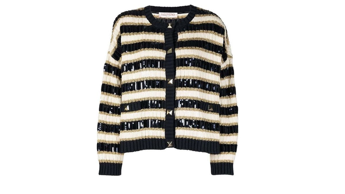 Sequins magic: This blue-striped cardigan from Valentino Garavani is made from polyester and features sequins, a crew neck, and front button fastening.