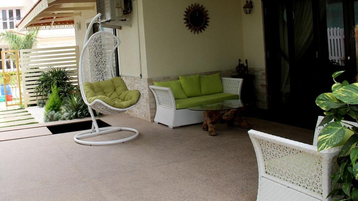 Grey sadarhalli granite which is perfect for transition spaces, has been used for this sit out. Credit: Mahesh Chadaga