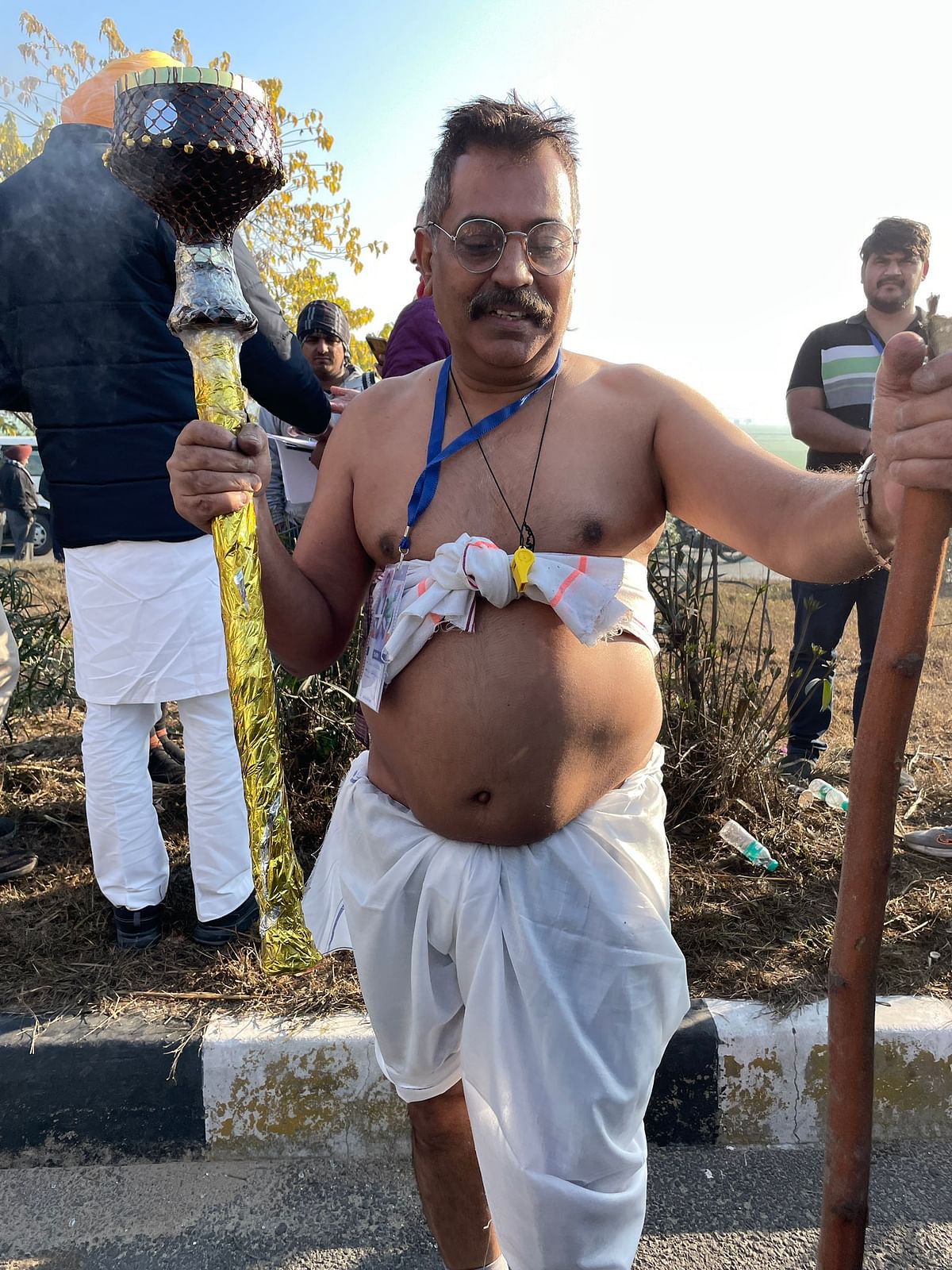 Delhi-based businessman Vipin Hamrol walked bare-chest in Bharat Jodo Yatra in Punjab's Hoshiarpur. Credit: Special Arrangement