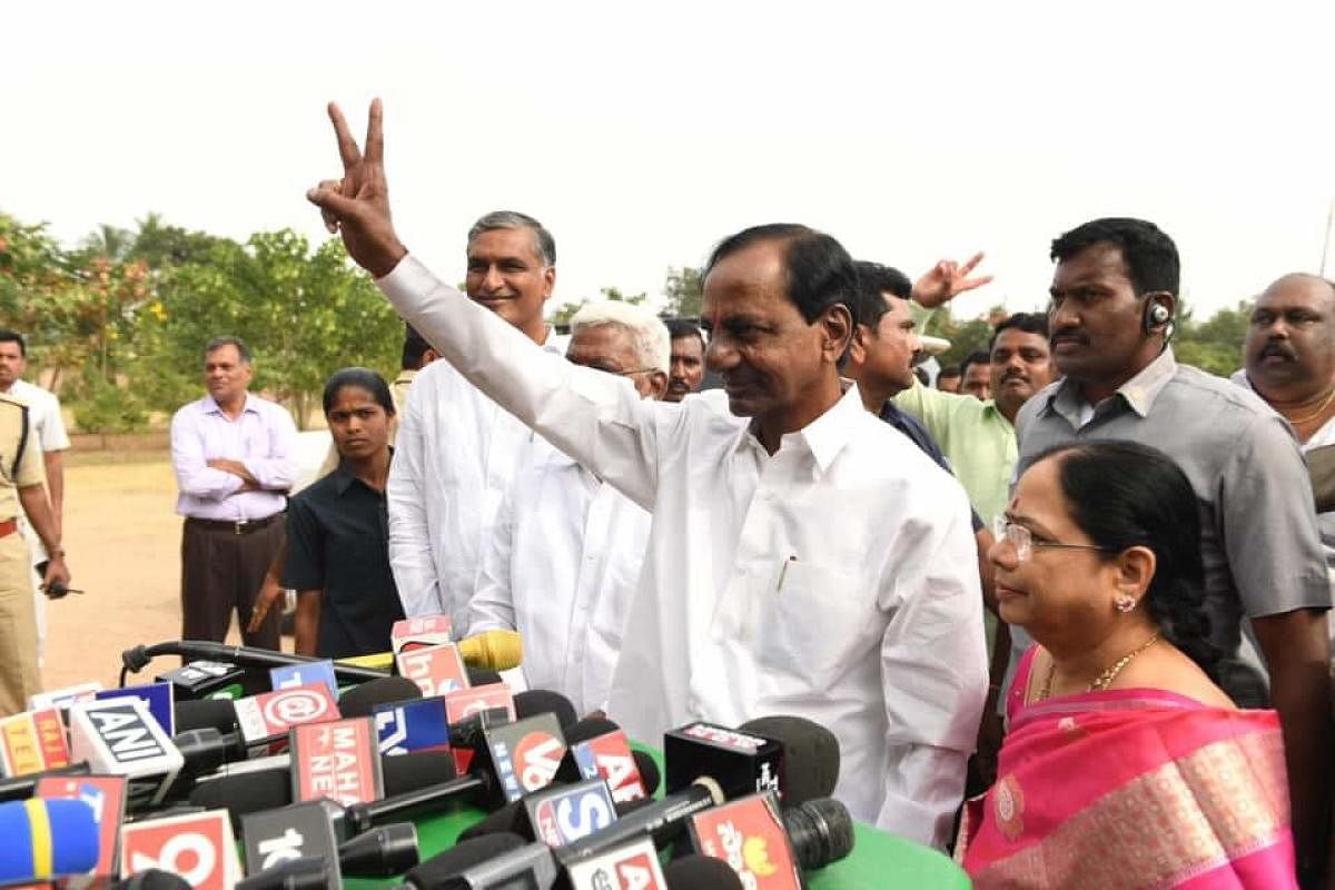 TRS president and caretaker chief minister K Chandrasekhar Rao (KCR) addresses media after casting his vote at his native village of Chintamadaka in Siddipet district, Telangana.