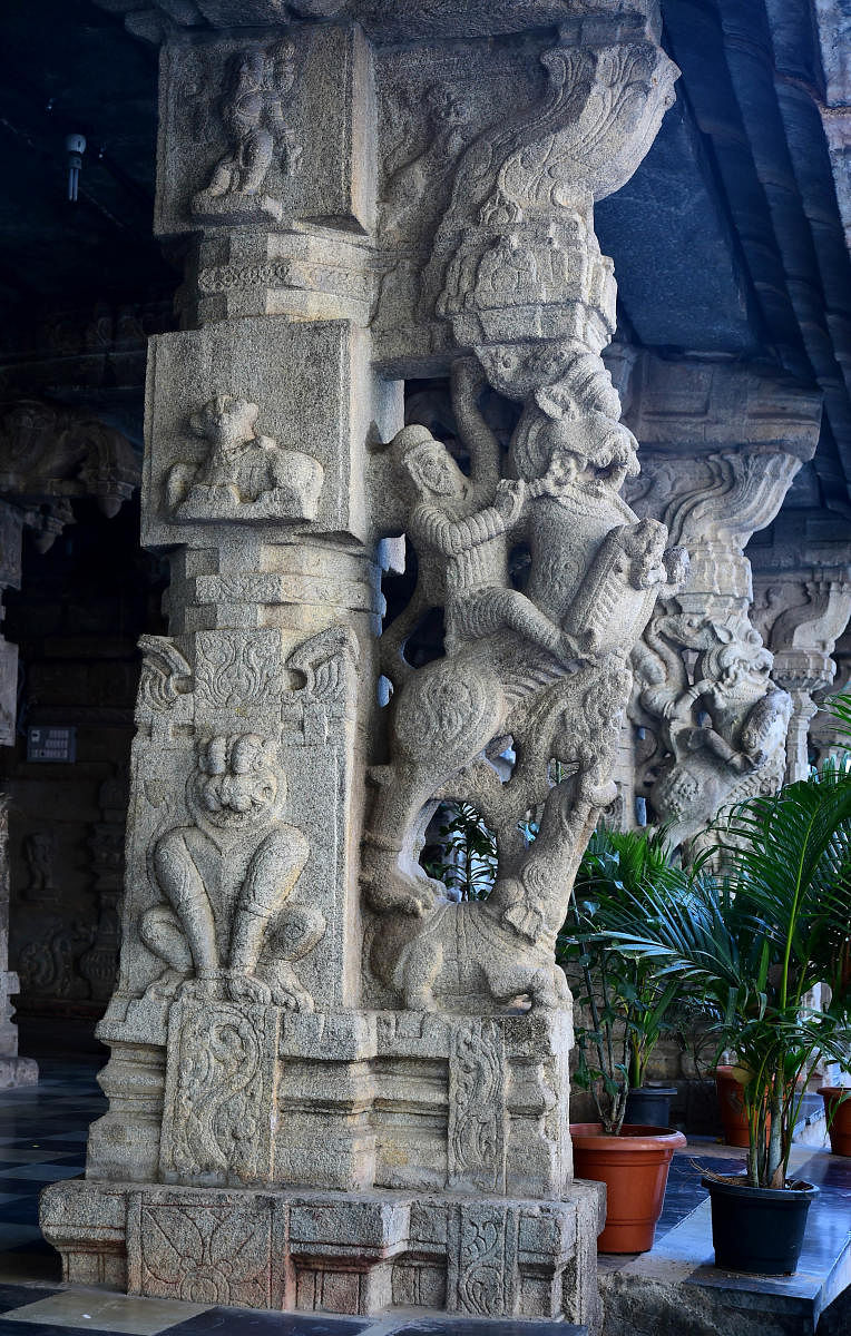 A pillar with engravings at the Ulsoor Someshwara Swamy Temple. Photo/Krishnakumar P S