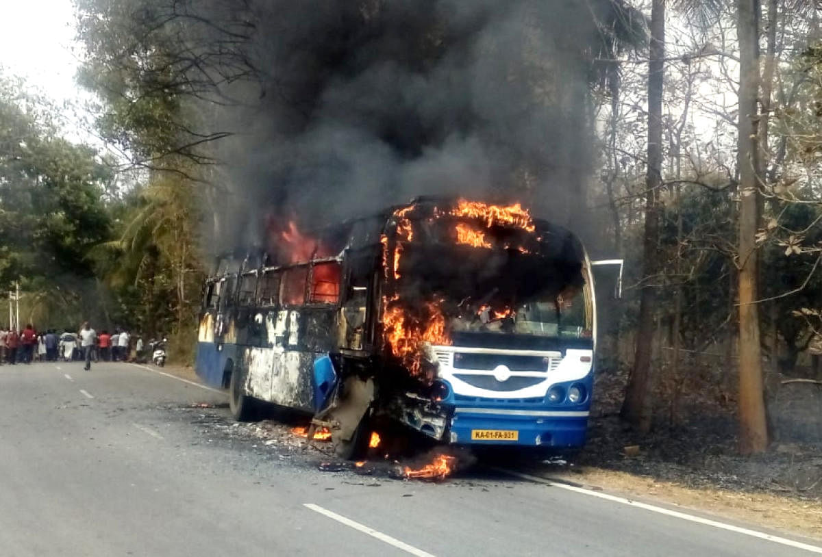 The BMTC bus which caught fire after the accident.