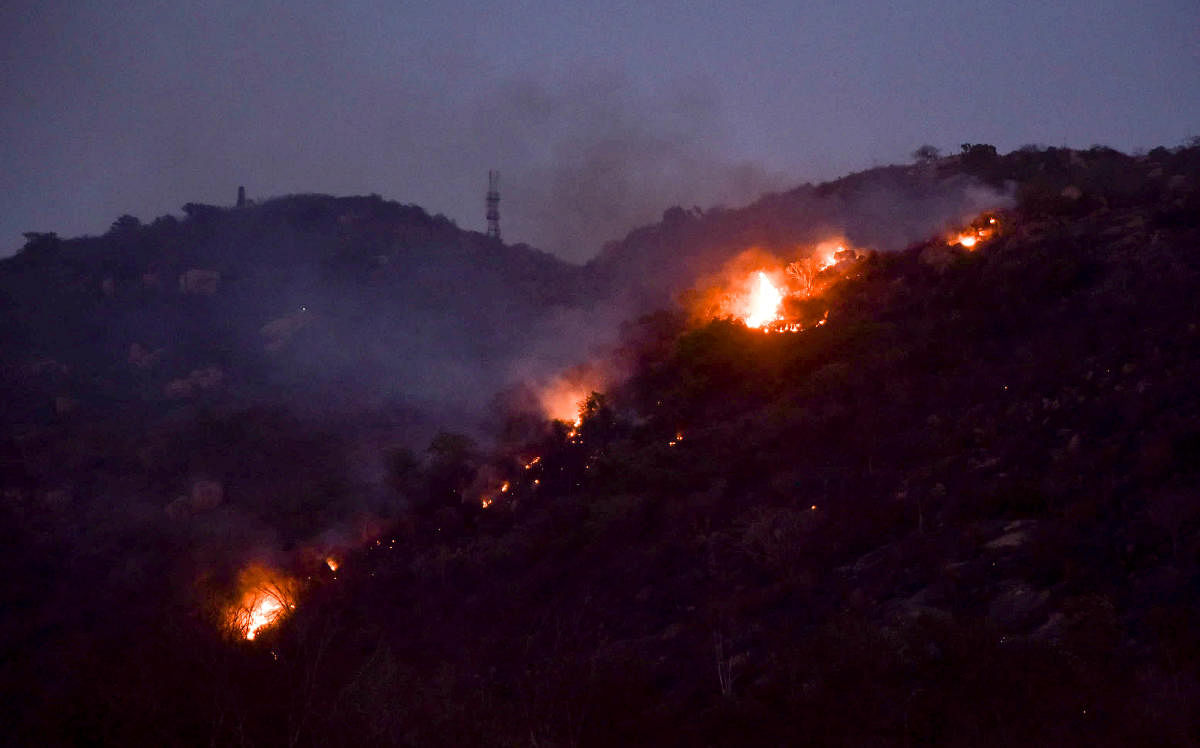Fire on Chamundi Hill, in Mysuru, on Friday.