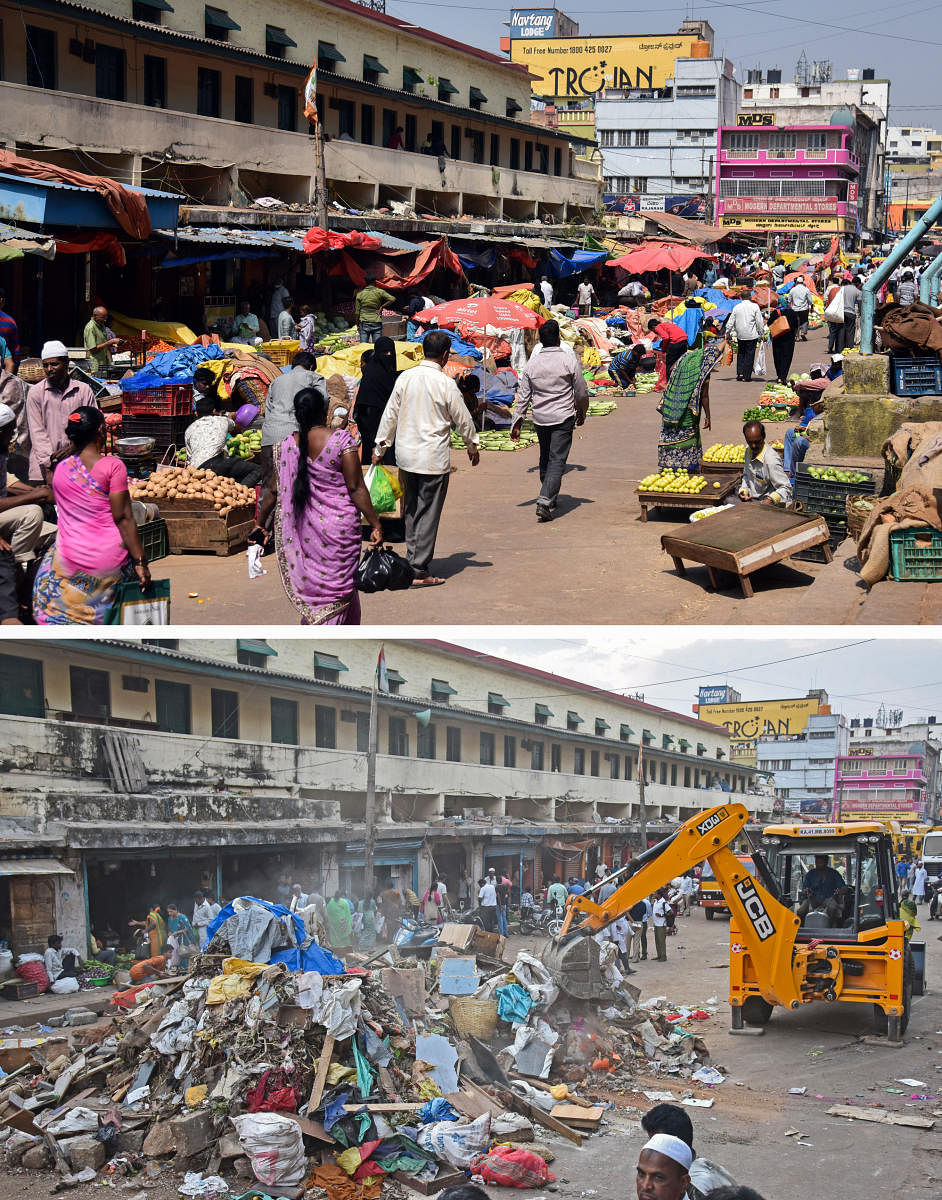 The main entrance at KR Market before and after the demolition drive. DH PHOTO/S K DINESH