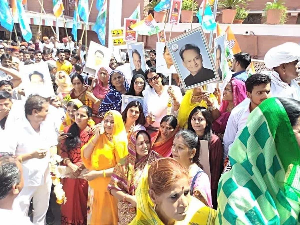 Supporters of Chief Minister Ashok Gehlot's son Vaibhav Gehlot, Congress candidate from Jodhpur constituency, at his maiden poll campaign in Jodhpur.