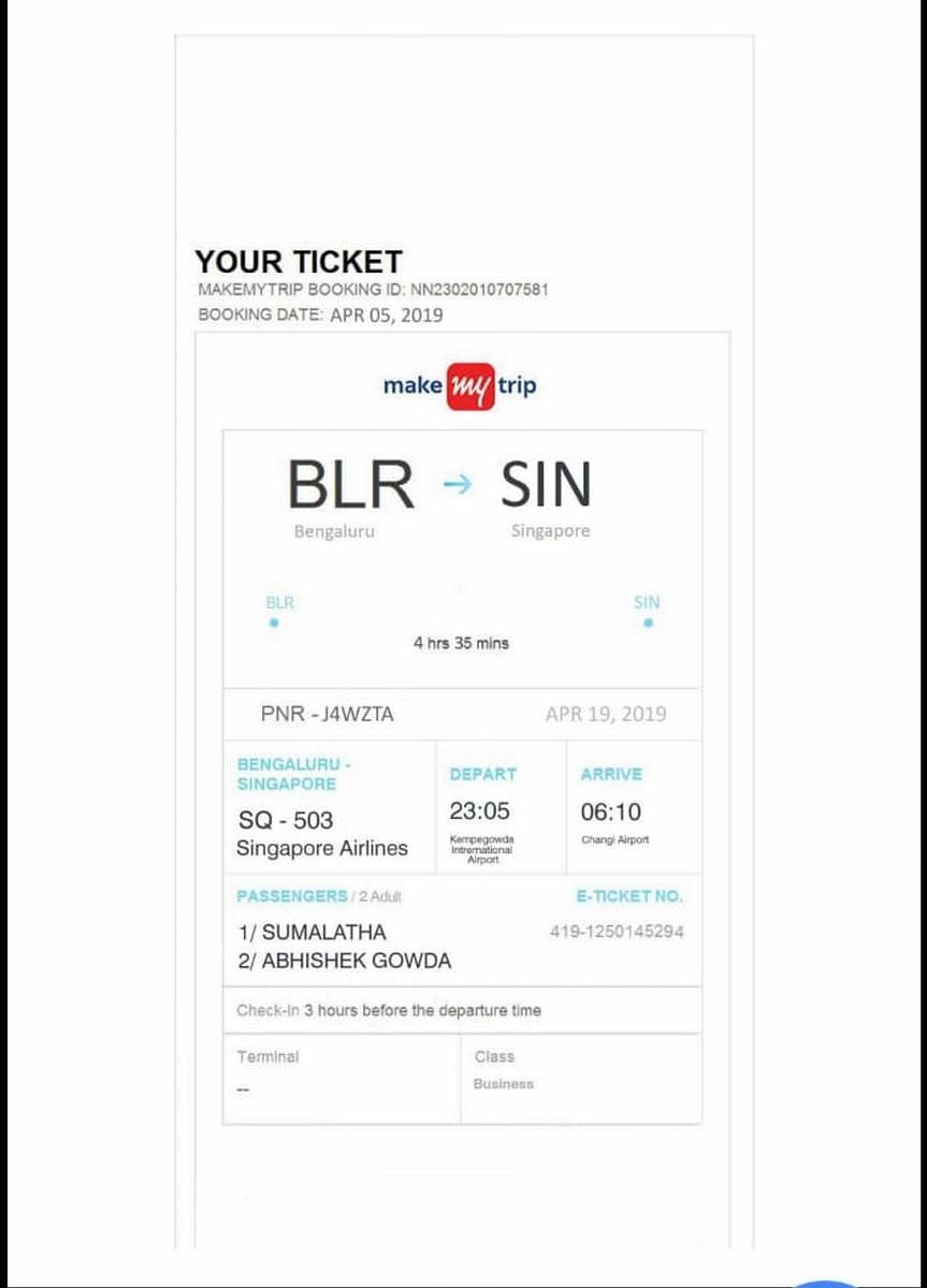 The air ticket to Singapore, said to be reserved by Sumalatha, for a voter.