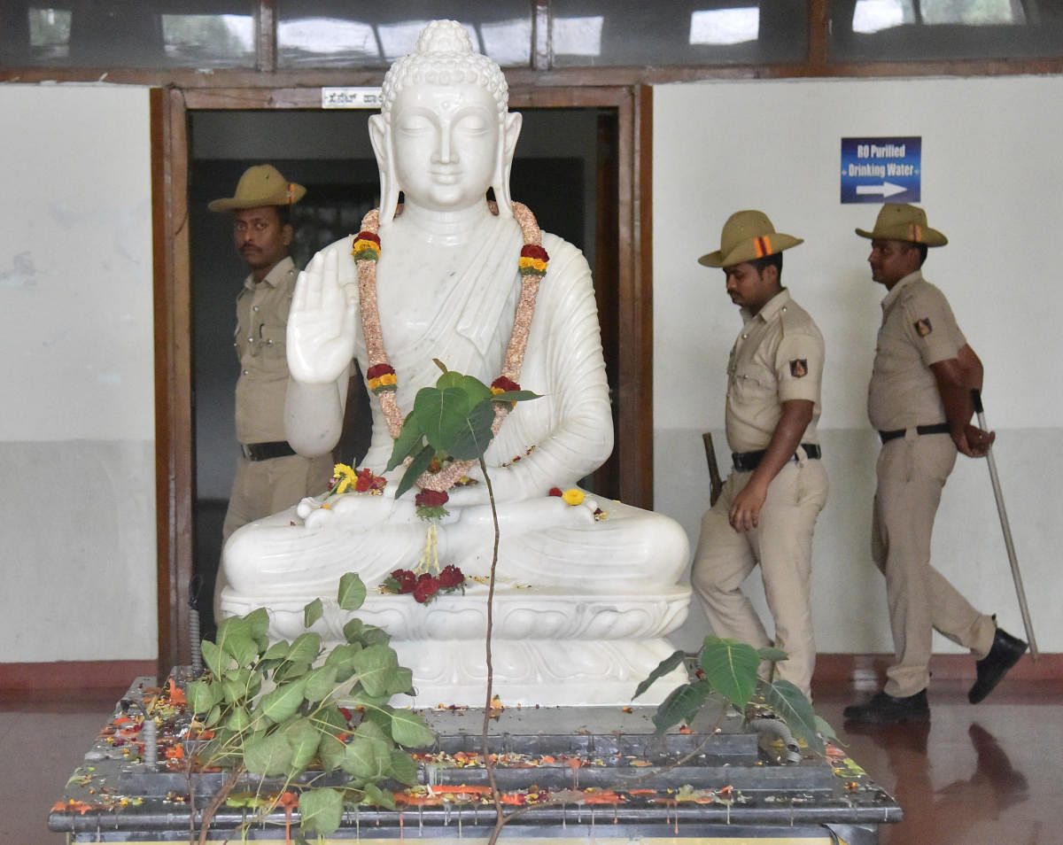 The Buddha idol kept in THE place of the Saraswati idol in the BU administrative block. DH FILE PHOTO