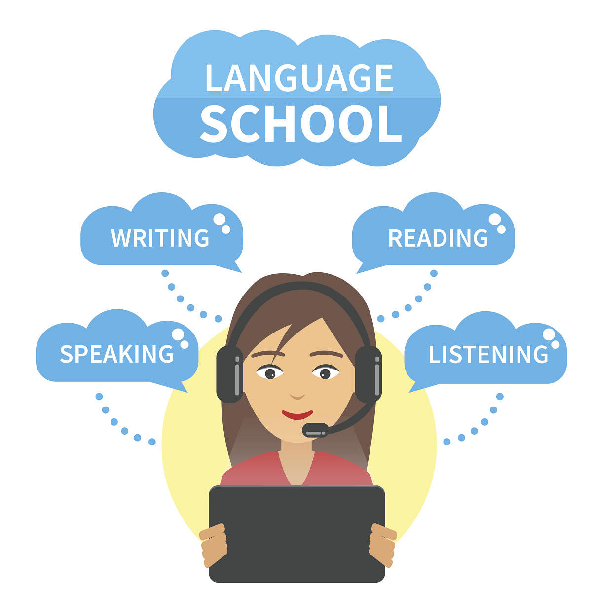 Vector Language school concept illustration. Girl in headphones with microphone look at tablet and study language speaking, writing, reading and listening.Vector Language school concept illustration. Girl in headphones with microphone look at tablet and