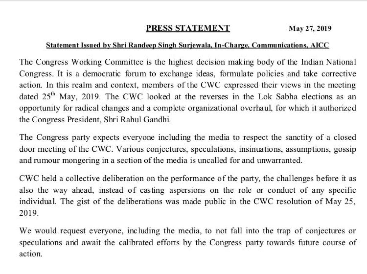 Congress spokesperson Randeep Singh Surjewala said the CWC was a forum for formulating policies and taking corrective action and in this context, the members had expressed their views at the meeting.