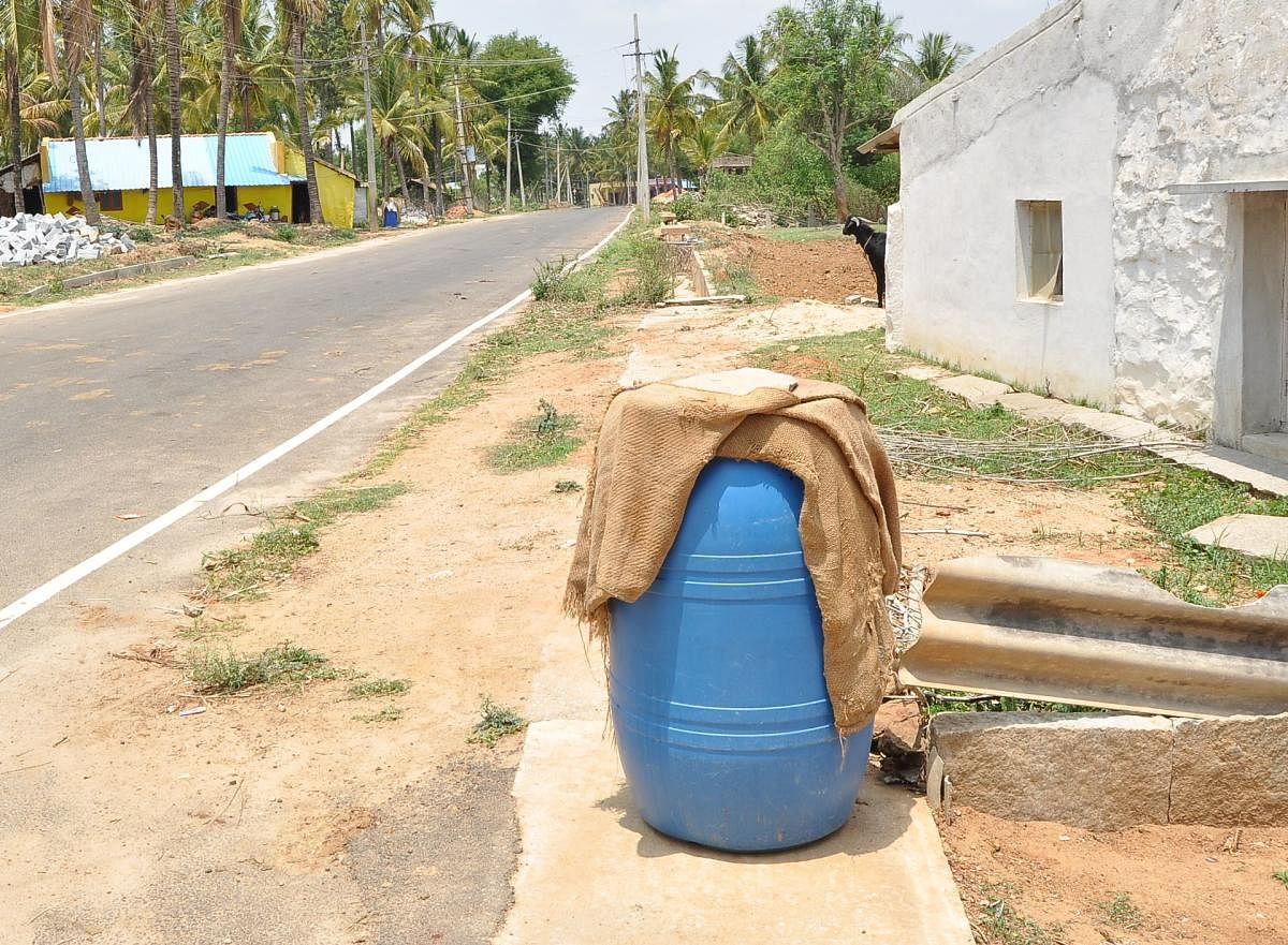 A drum that is used to store water, at Anechannapura village in Nagamangala taluk, Mandya district.