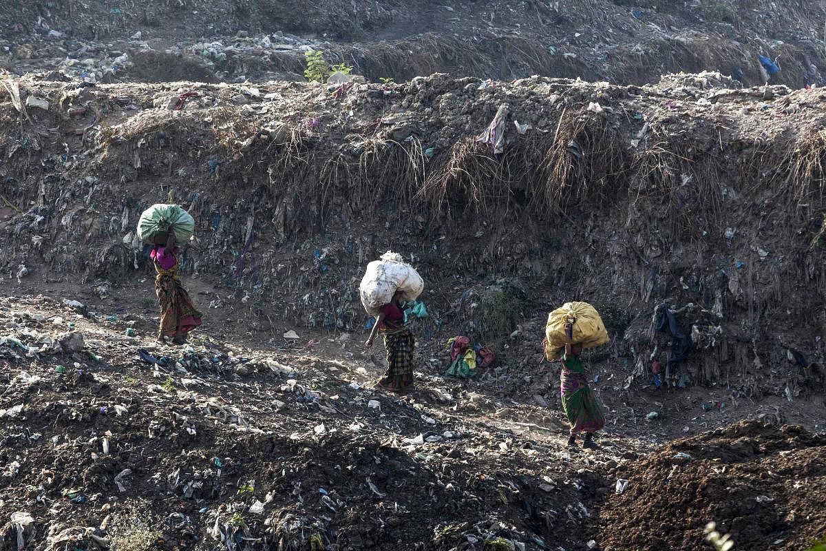 Rag pickers carry sacks of sorted recyclable materials at the Ghazipur landfill site in the east of New Delhi. (Photo by AFP)