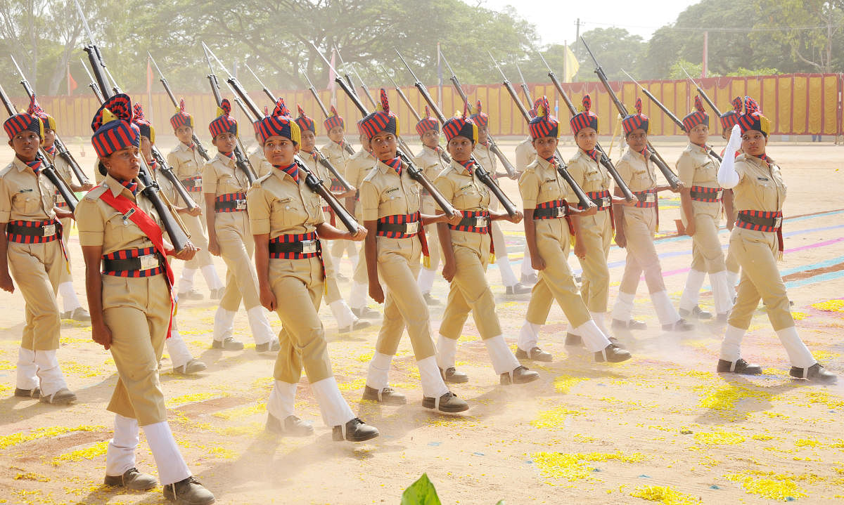 The probationary woman warders during the passing out parade, in Mysuru, on Monday.