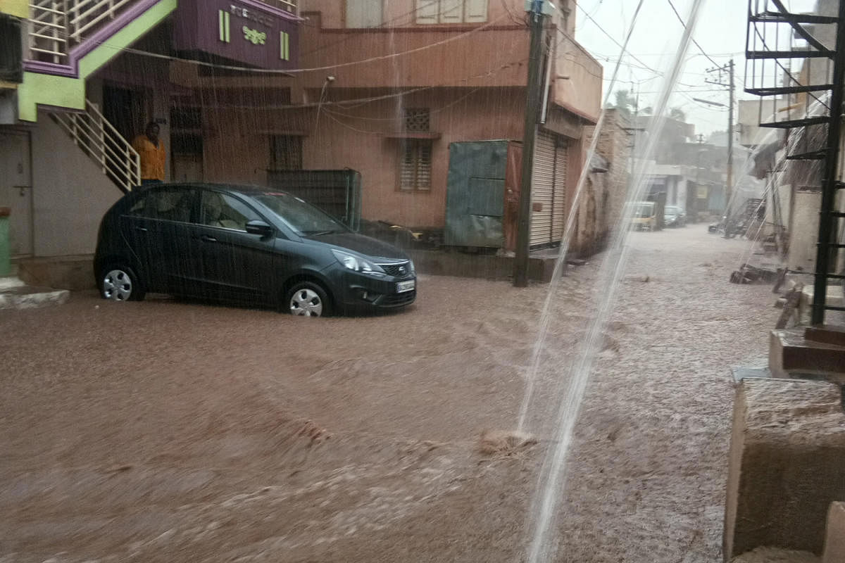 A flooded road in Badami of Bagalkot district following heavy showers.