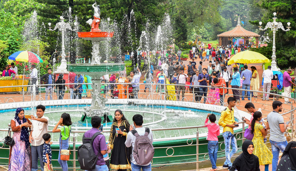 Visitors busy clicking selfies at the Lalbagh.