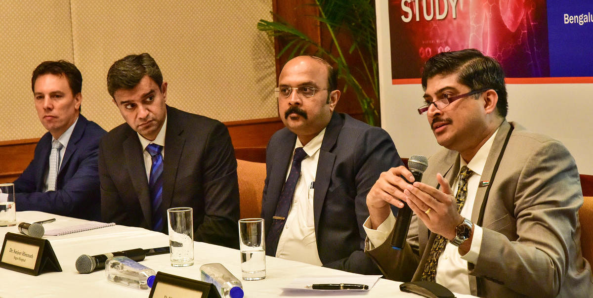 Doctors Viraj Suvarna, William Verbeck, B V Baliga and Sanjiv Hiremath at a discussion on 'India Heart' study in Bengaluru on Monday. DH PHOTO/IRSHAD MAHAMMAD