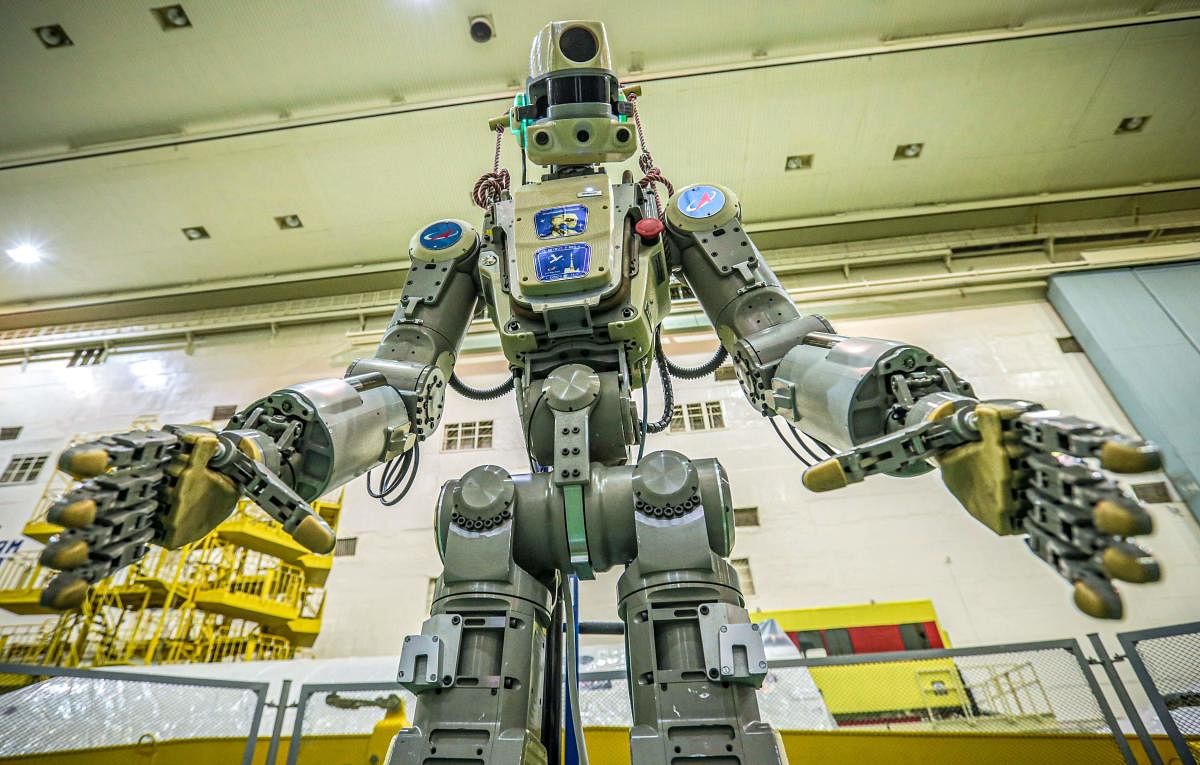 Russian humanoid robot Skybot F-850 (Fedor) being tested ahead of its flight onboard Soyuz MS-14 spacecraft at the Baikonur Cosmodrome in Kazakhstan. (Photo: AFP - official website of the Russian State Space Corporation) 