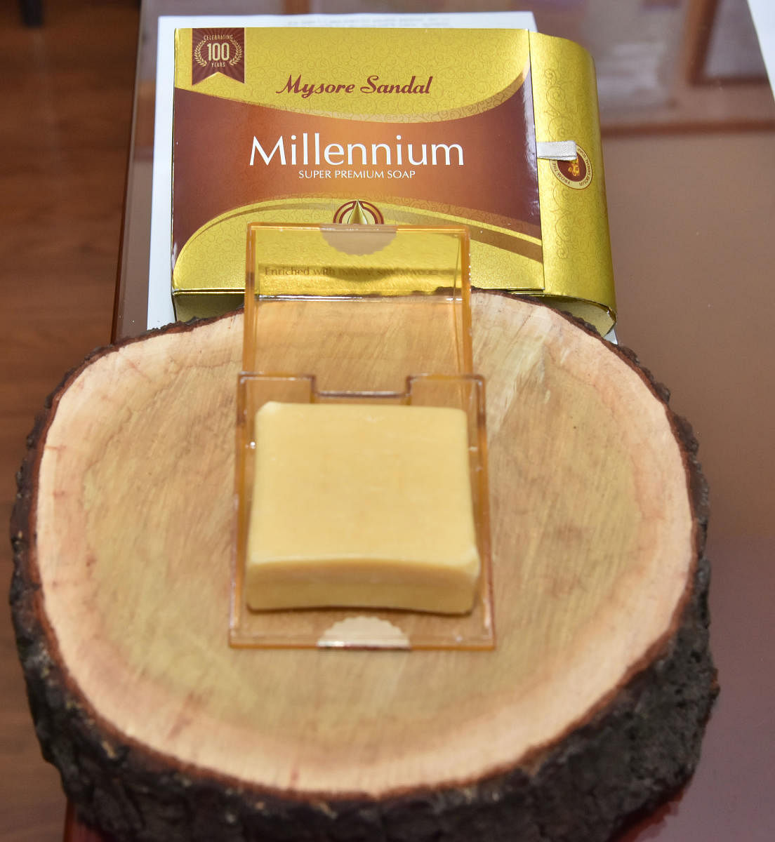 Present packaging of Mysore Sandal Millennium Soap (left) and proposed design (right). DH Photo by Janardhan B K
