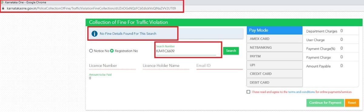 A screenshot of the offence reported through the Public Eye app and the same not seen on the Bengaluru Traffic Police website. SPECIAL ARRANGEMENT