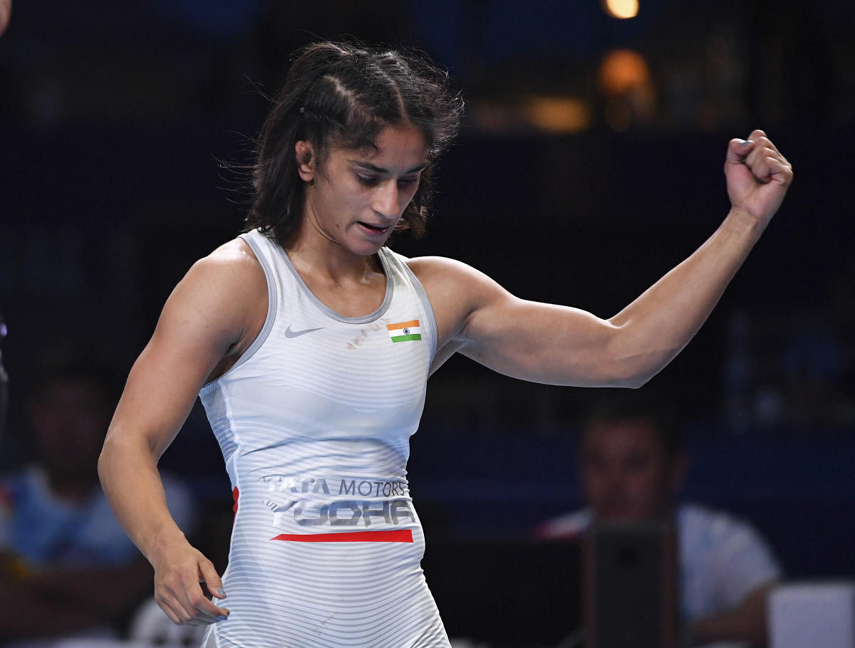 Vinesh Phogat of India reacts as she won the bronze match of the women's 53kg category against Maria Prevolaraki of Greece during the Wrestling World Championships in Nur-Sultan, Kazakhstan. Credit: AP