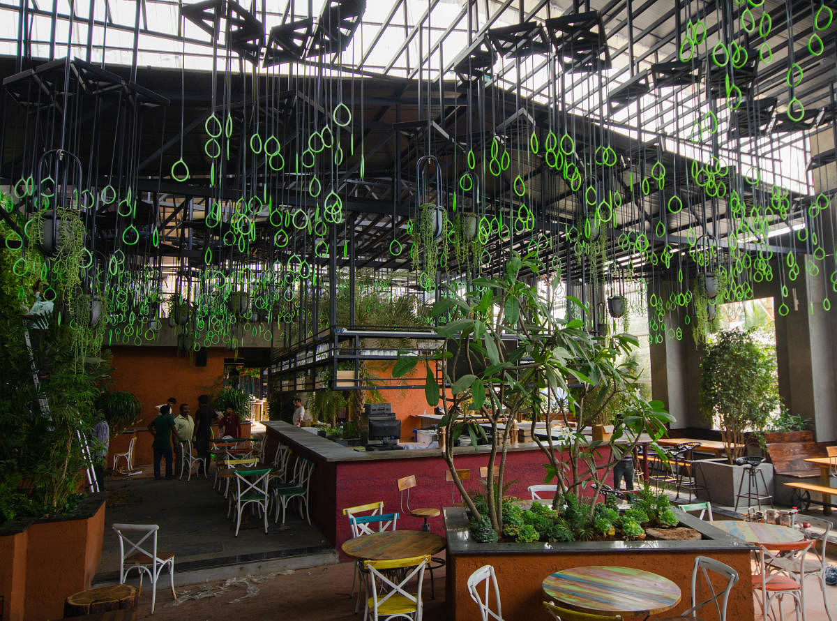The sprawling interiors are complemented with hanging plants and a vertical garden. 