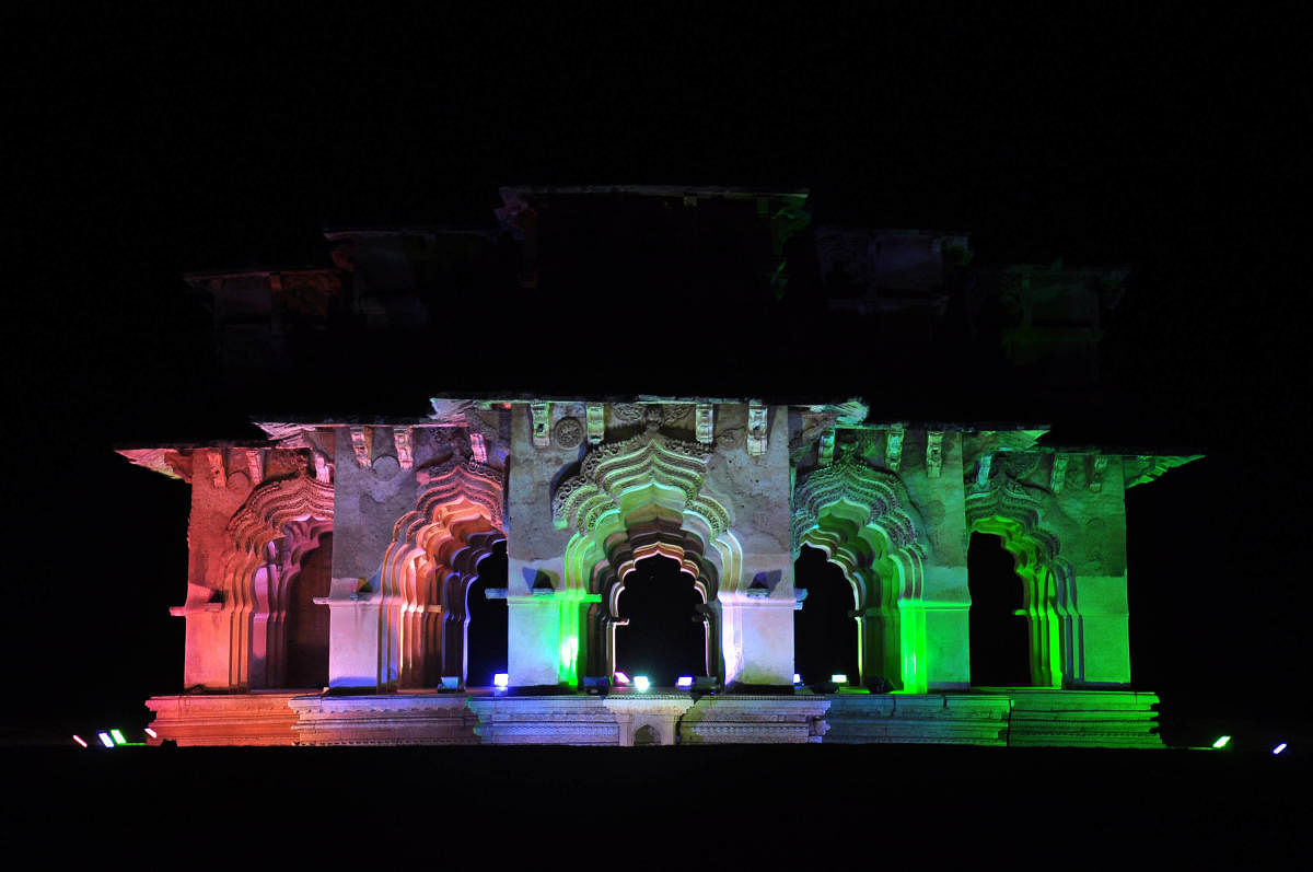 The Bishtappaiah Gopura of Virupaksha Temple and Kamal Mahal illuminated for the Hampi Ustav in January, this year.