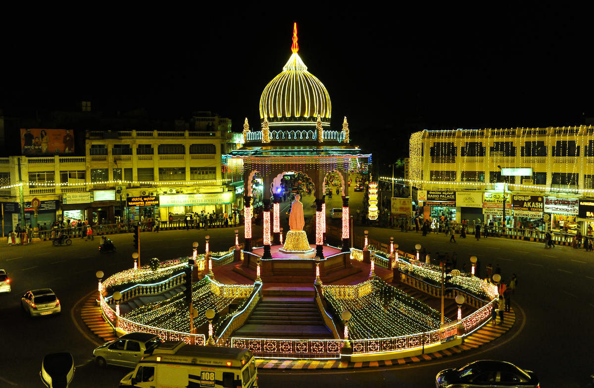 K R Circle illuminated in view of Dasara festivities in Mysuru on Saturday.