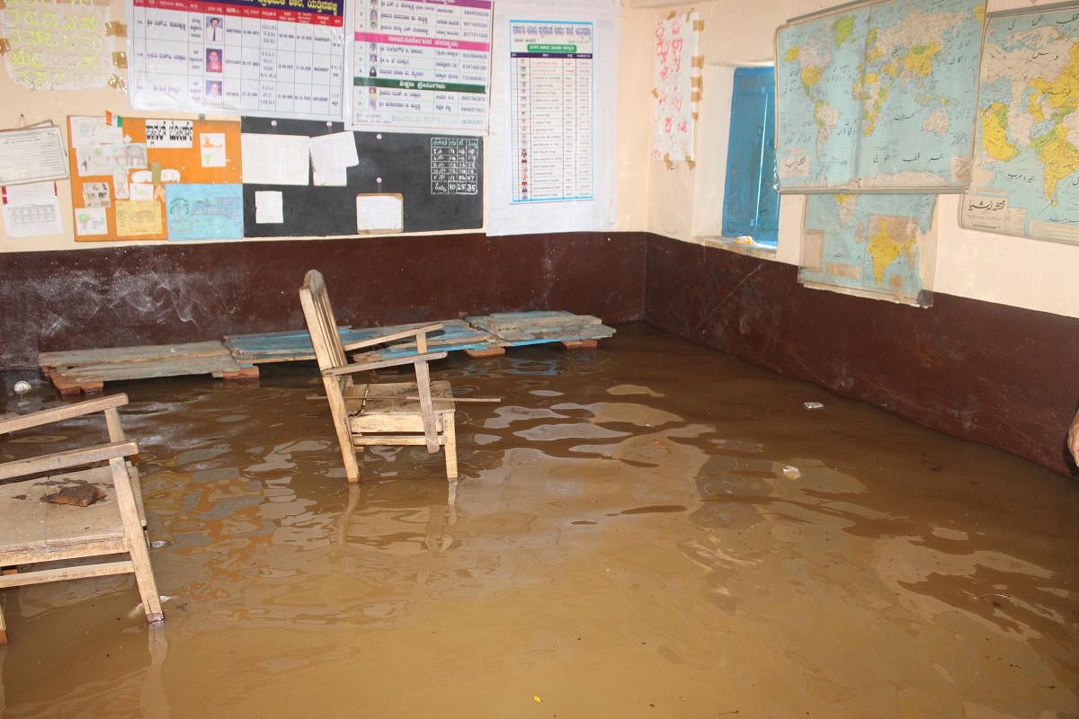 Water gushed into a classroom of a Urdu school at Yattinal village in Haveri taluk.