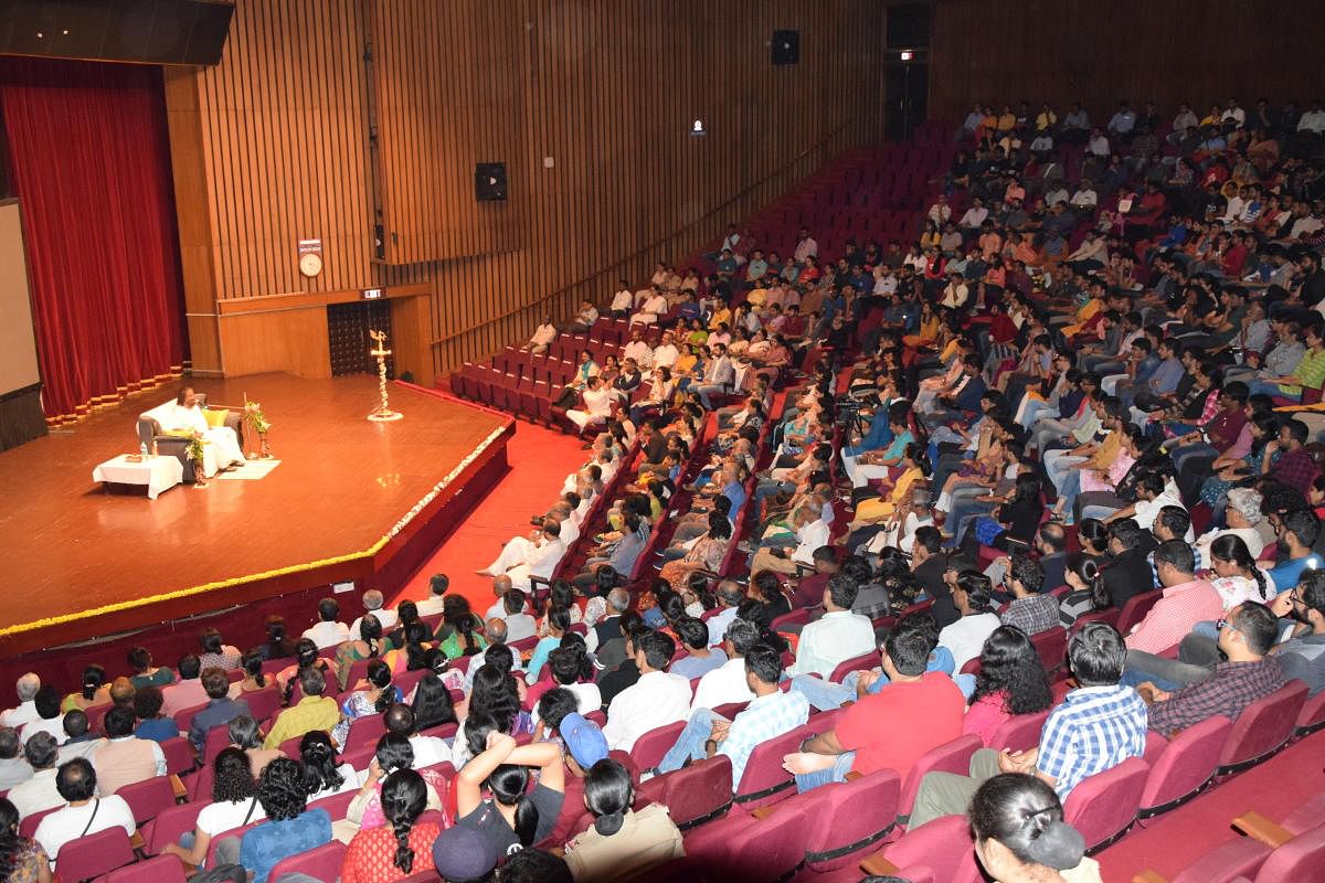 Sri Sri Ravi Shankar speaks at IISc's JN Tata auditorium on the occasion of World Mental Health Day on Thursday. Courtesy Art of Living 