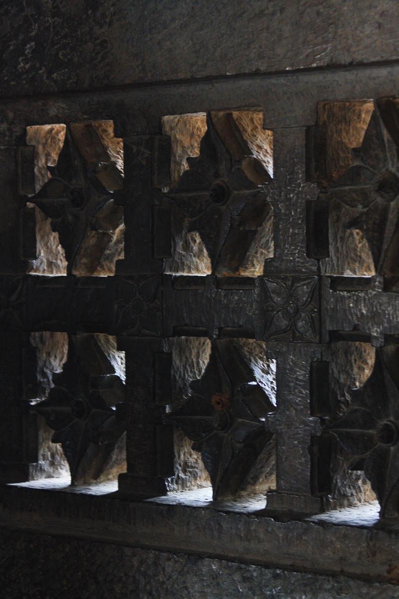 Close up of one of the pierced screens from the interior of the mantapa