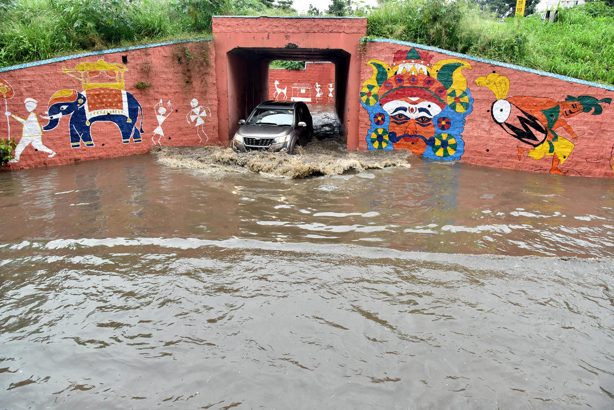 Water logged RMV2nd stage underpass after heavy downpour in Bengaluru on Tuesday, 22 October, 2019. Photo by Janardhan B K