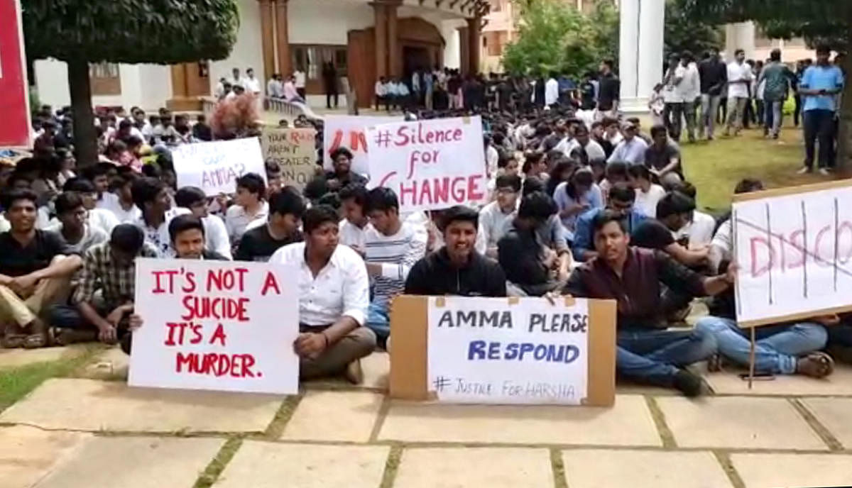 Students protest at the Amrita School of Engineering on Tuesday, a day after one of their collegemates committed suicide. SPECIAL ARRANGEMENT