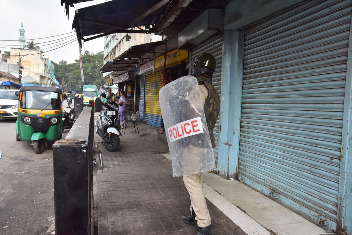 Many shops were shut in Shivajinagar. DH PHOTO/JANARDHAN B K