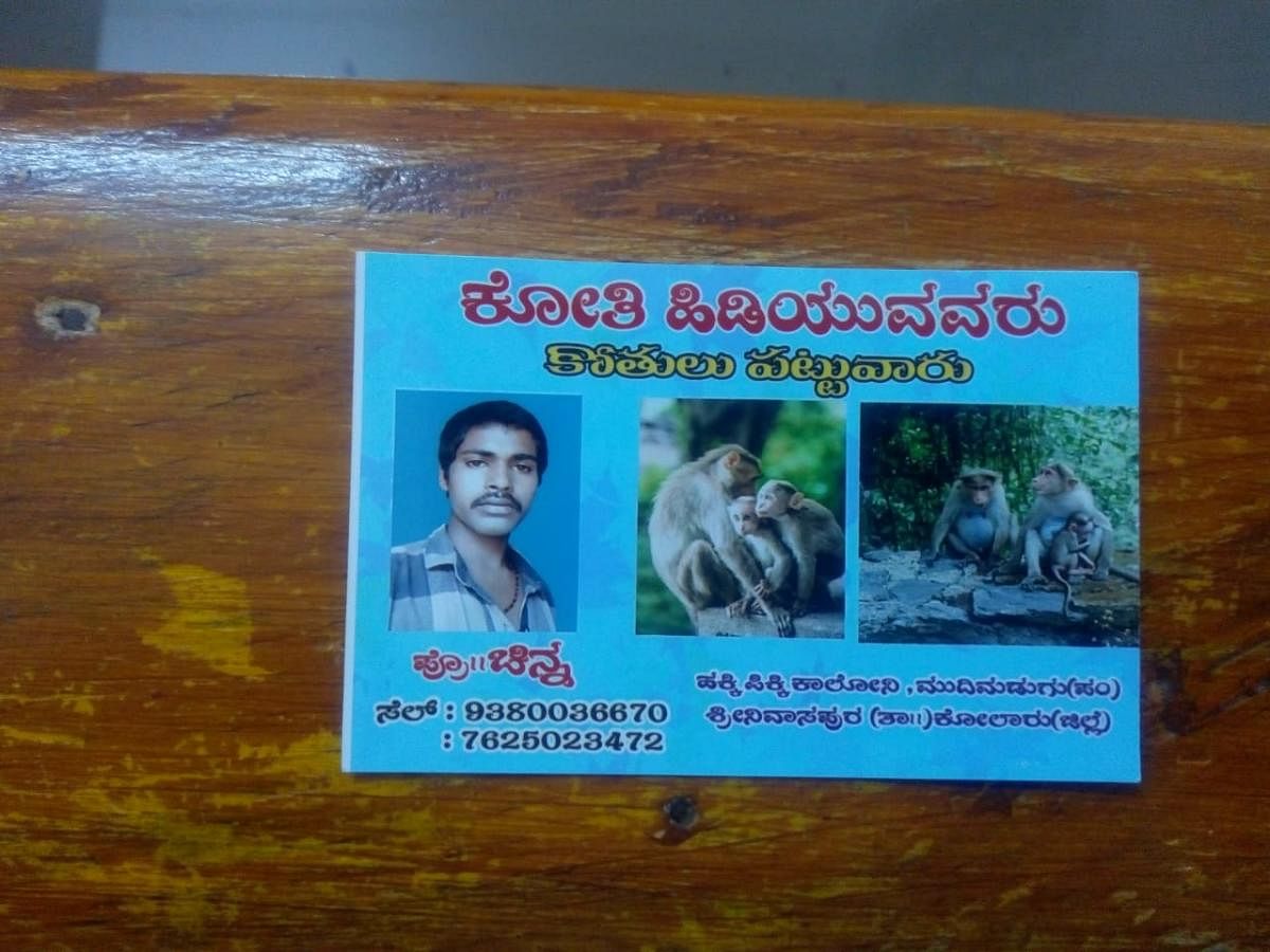 The business card of Chinna proclaims him as a professional monkey catcher. PIC: NGO TRAFFIC