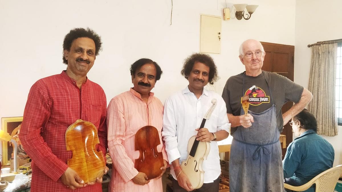 Mysore Nagaraj and Mysore Manjunath with Lalgudi G J R Krishnan and violin maker James Wimmer during the Violin Luthier's Workshop organised by Lalgudi Trust in Chennai recently.