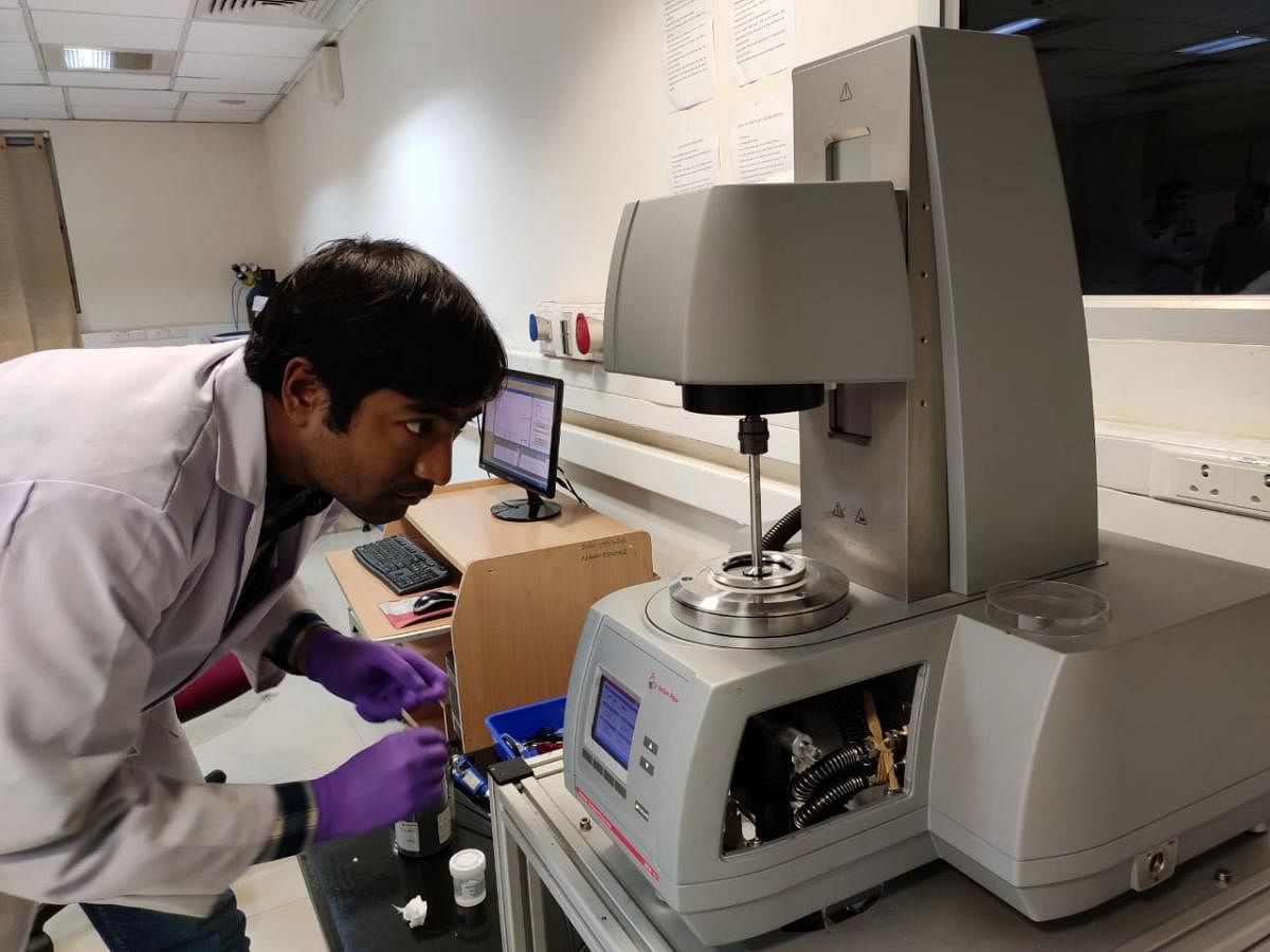 IISc PhD Student Pradip Bera conducts an experiment using a Rheometer on Jan 8, 2019. Researchers at IISc, Raman Research Institute and ETH Zurich have found a novel way to reproduce earthquake effects under lab conditions. 