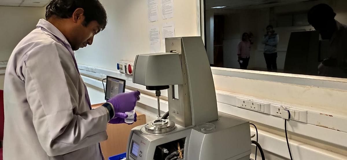 IISc PhD Student Pradip Bera conducts an experiment using a Rheometer on Jan 8, 2019. Researchers at IISc, Raman Research Institute and ETH Zurich have found a novel way to reproduce earthquake effects under lab conditions.