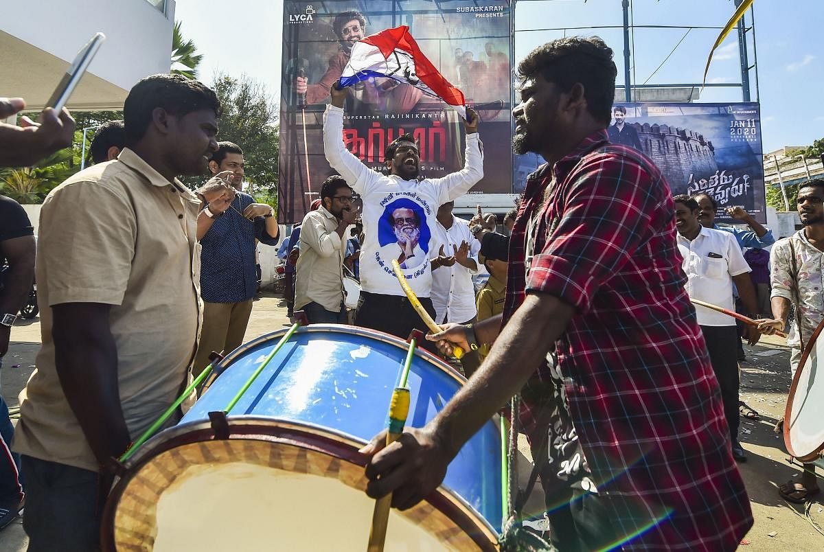 Actor Rajinikanth's fans celebrate the release of his film 'Darbar', in Chennai , Thursday , Jan. 9 ,2020. (PTI Photo)