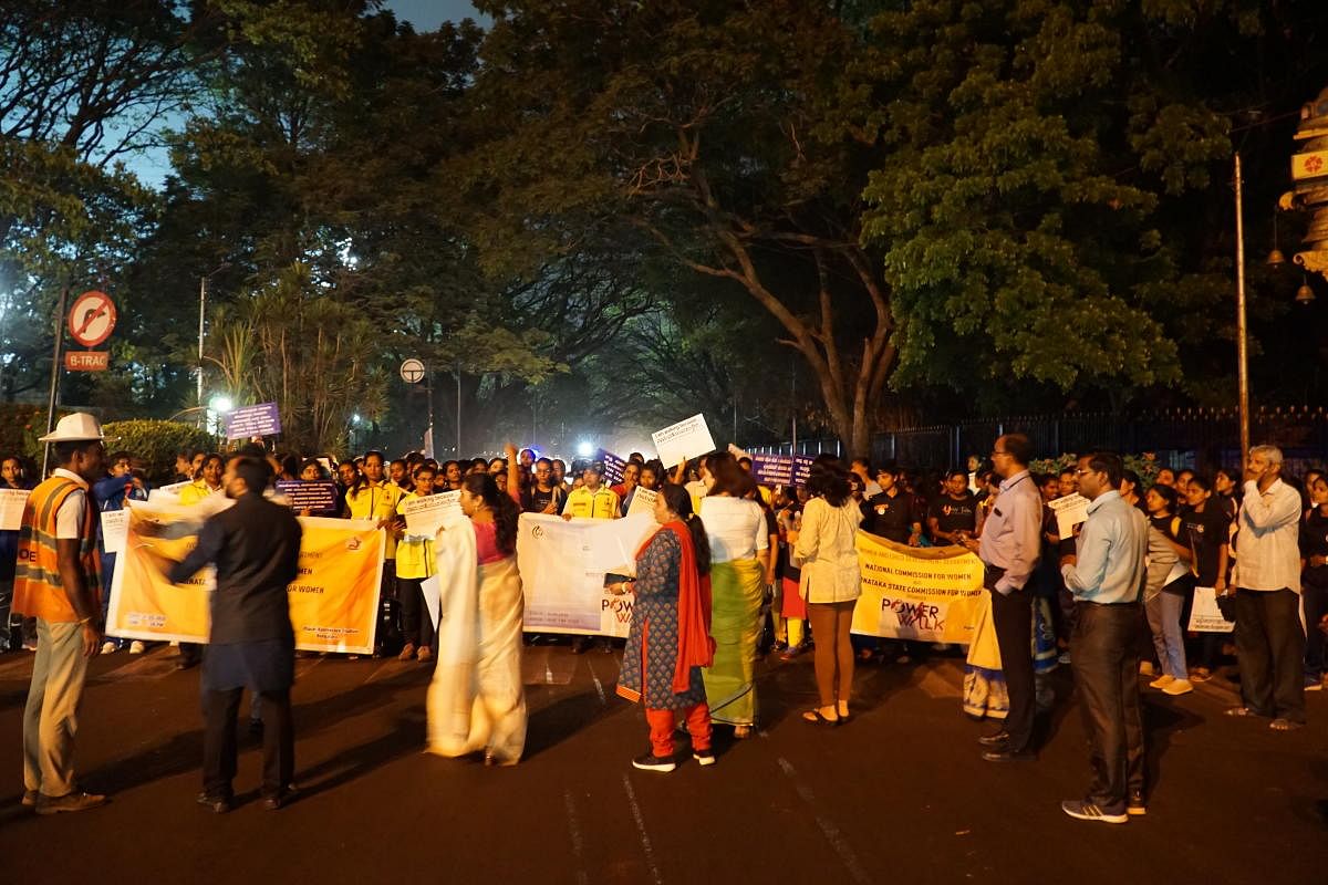 A crowd of women participate in Power 2020 on the night of March 1, 2020. This was taken at Kasturba Road-Vittal Mallaya Road Junction.