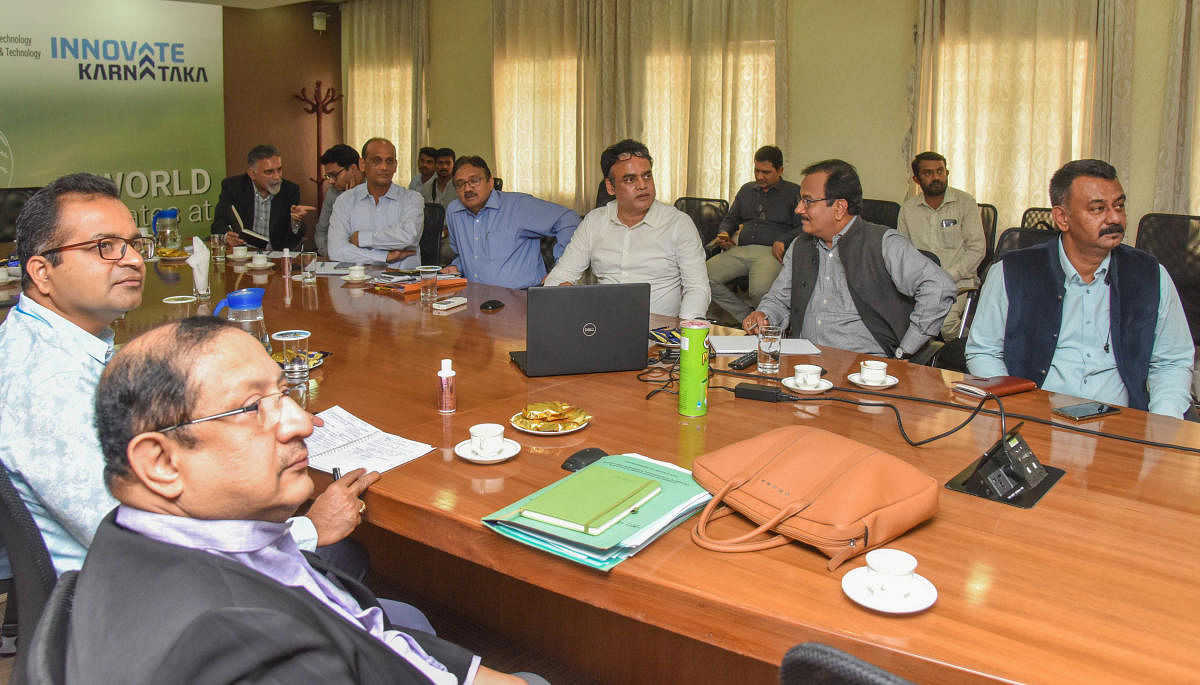 Deputy Chief Minister Dr C N Ashwath Narayan interacts with IT industry heads through video-conferencing on work-from-home options for employees over the Covid-19 scare on Friday. DH PHOTO/S K Dinesh
